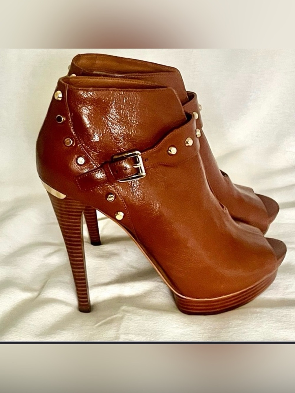 Michael Kors Cognac Leather Studded Peep-Toe Ankle Booties
